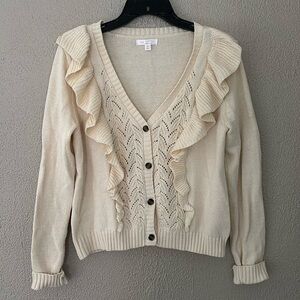Women’s Lauren Conrad Ruffle Cardigan Button Sweater, Cream, Medium